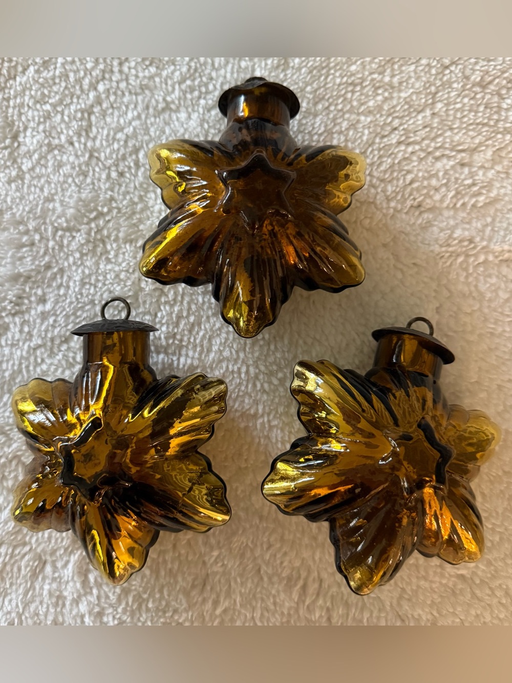 3 VTG Gold Orange Glass Star Snowflake Christmas Ornament Kugel Midwest Brass